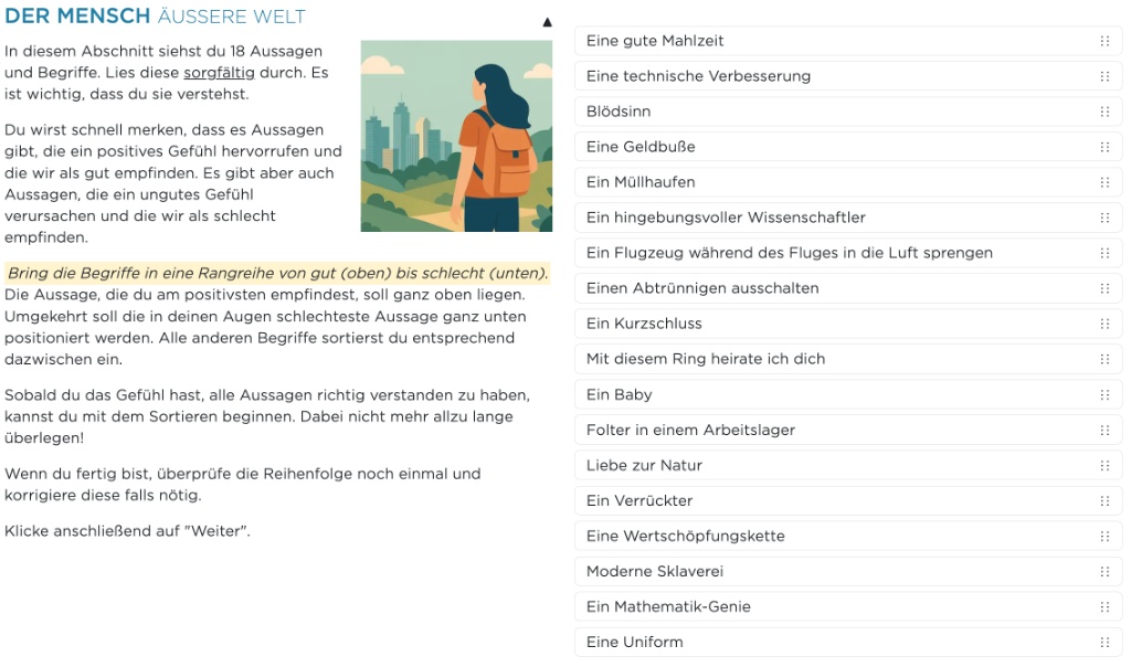 Persönlichkeitstest nach dem Hartman Value Profile (Der Mensch, äußere Welt)